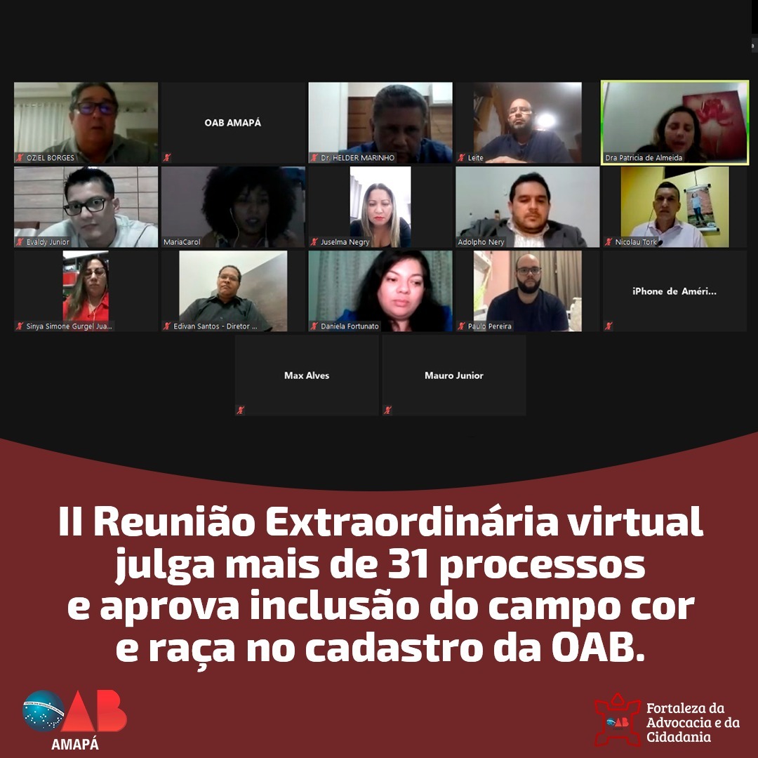 II Reunião Extraordinária virtual julga mais de 31 processos e aprova inclusão do campo cor e raça no cadastro da OAB